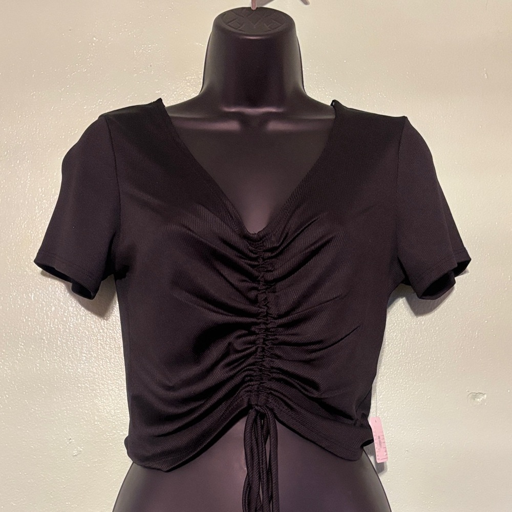 Black Ruched V-Neck Women's Top